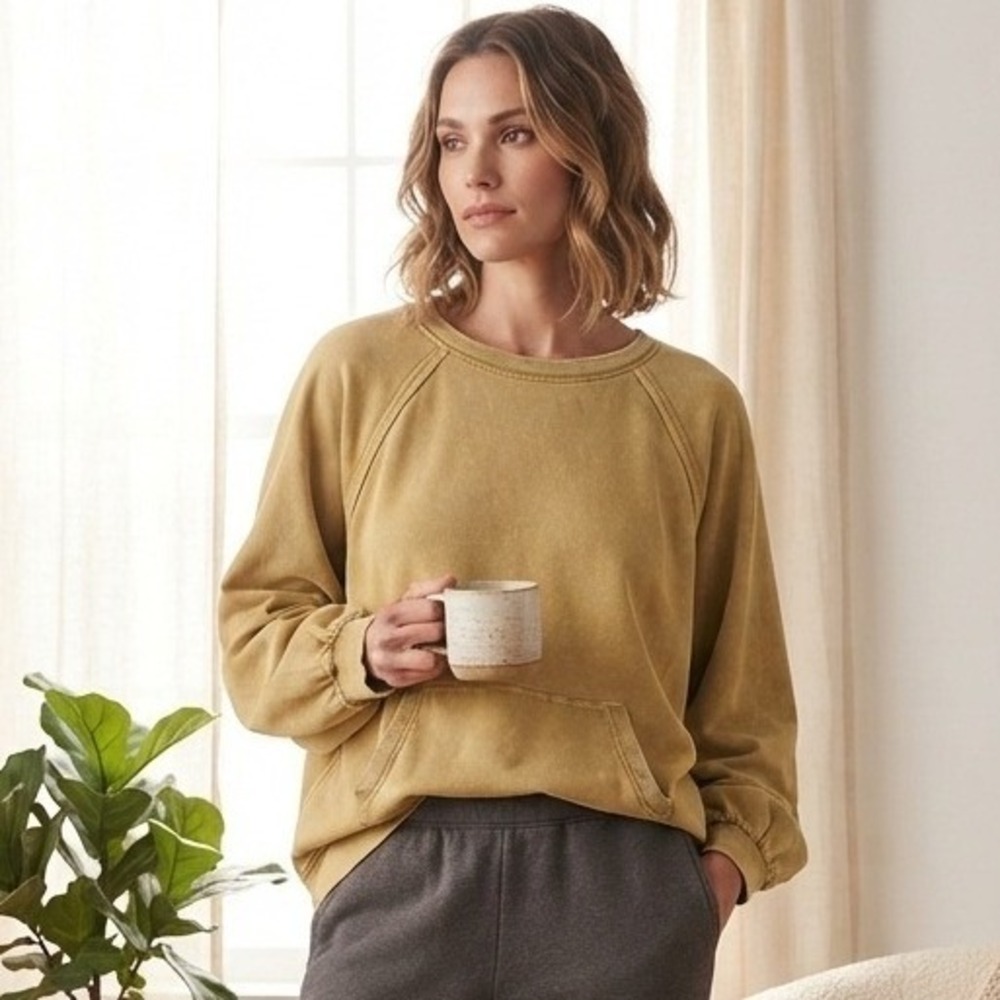 Easel Sweatshirt Womens Large Mustard Yellow Mineral Wash Oversized Loungewear